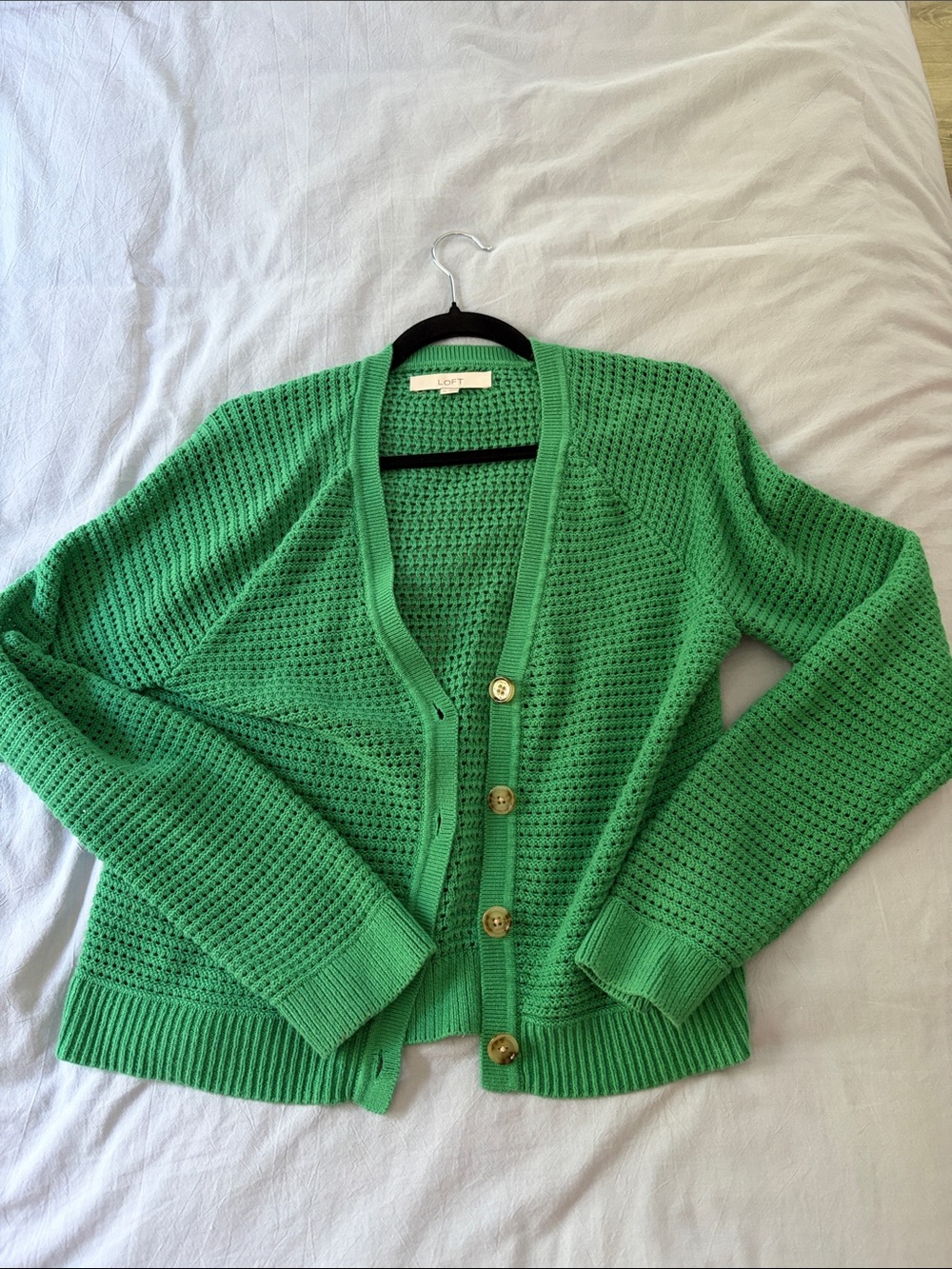 LOFT Bright Green Open-Weave Button Front Cardigan
